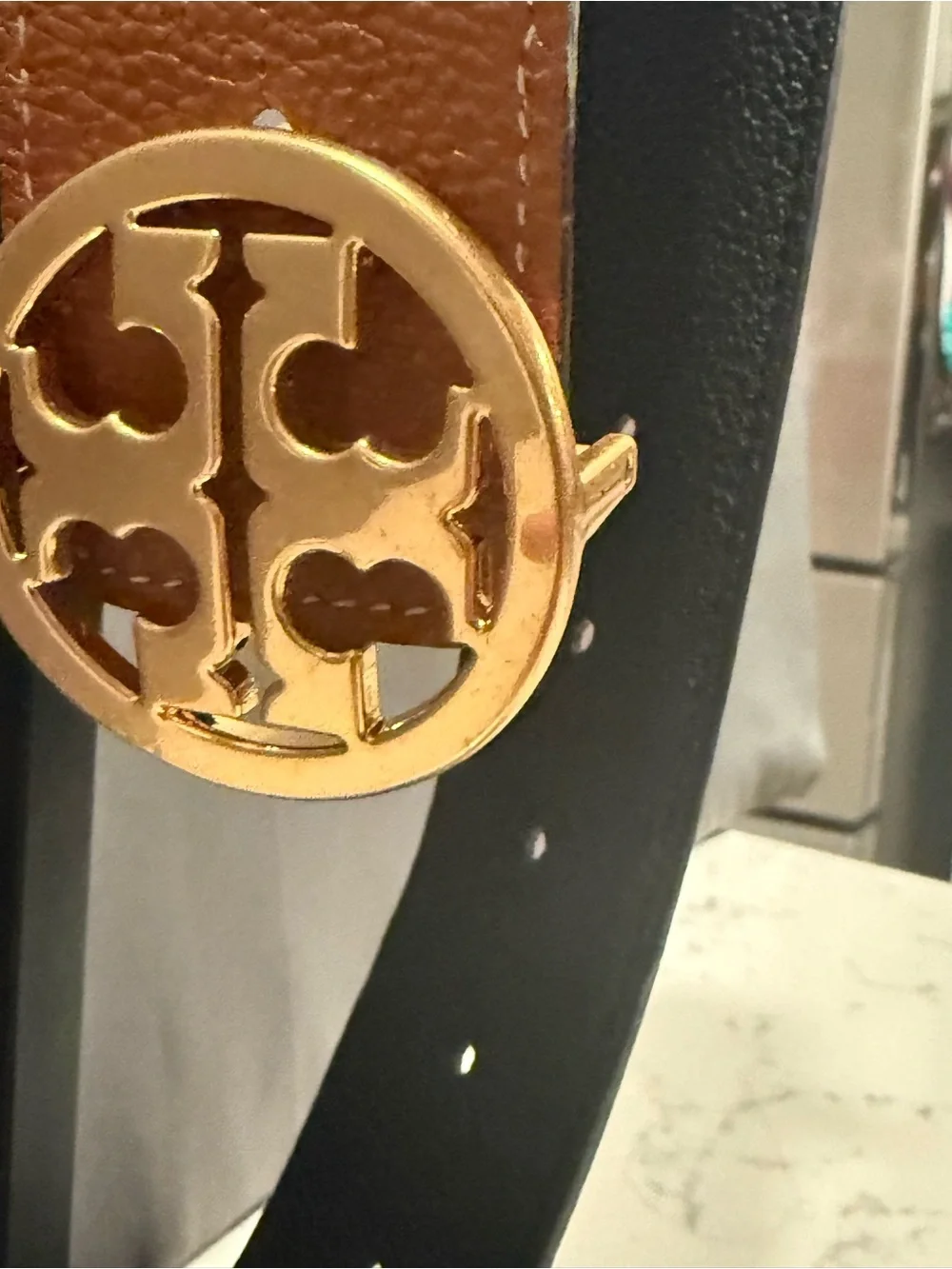 Tory Burch Brown Leather Belt with Gold Logo Buckle